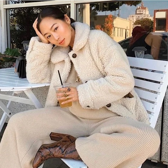 Mango Faux Shearling Fur Inside Suede Style Lined Teddy Coat Ecru Cream Medium - Picture 3 of 14